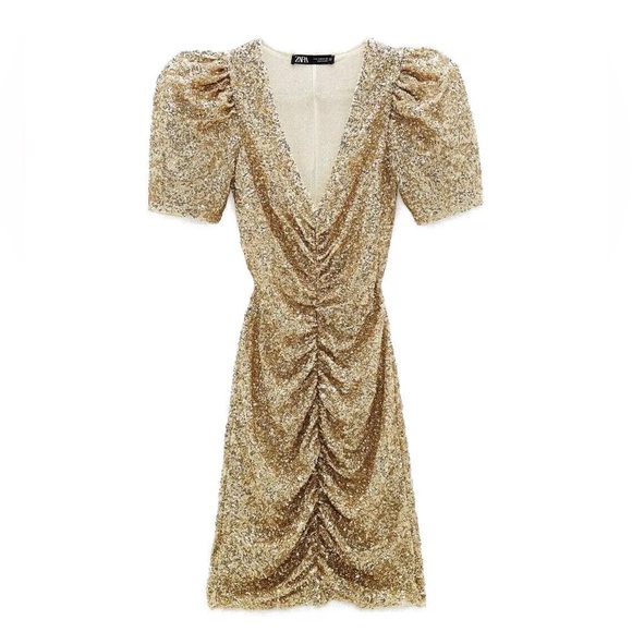 Zara Limited Edition (Rare) Sequinned Dress with Draped Detail in Gold - Picture 7 of 11